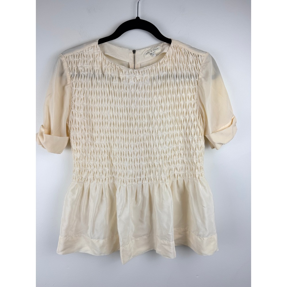 Rag & Bone Smocked Peplum Blouse Ivory Silk Feel Back Zip Top XS